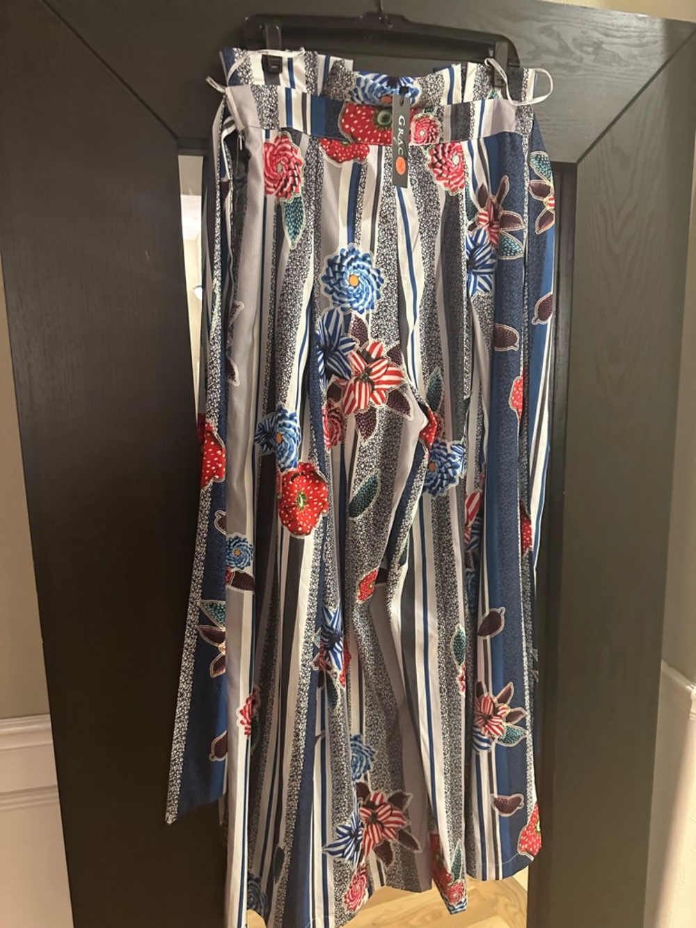 Gracia Striped Wide Leg Pants with Red & Blue Floral Print